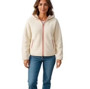 NEW Sherpa Pink Trim Plush Hooded Fleece Jacket L